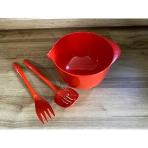Vintage Salad Bowl Fork Spoon, Serving Retro Dishware, Red, Rose, Orange